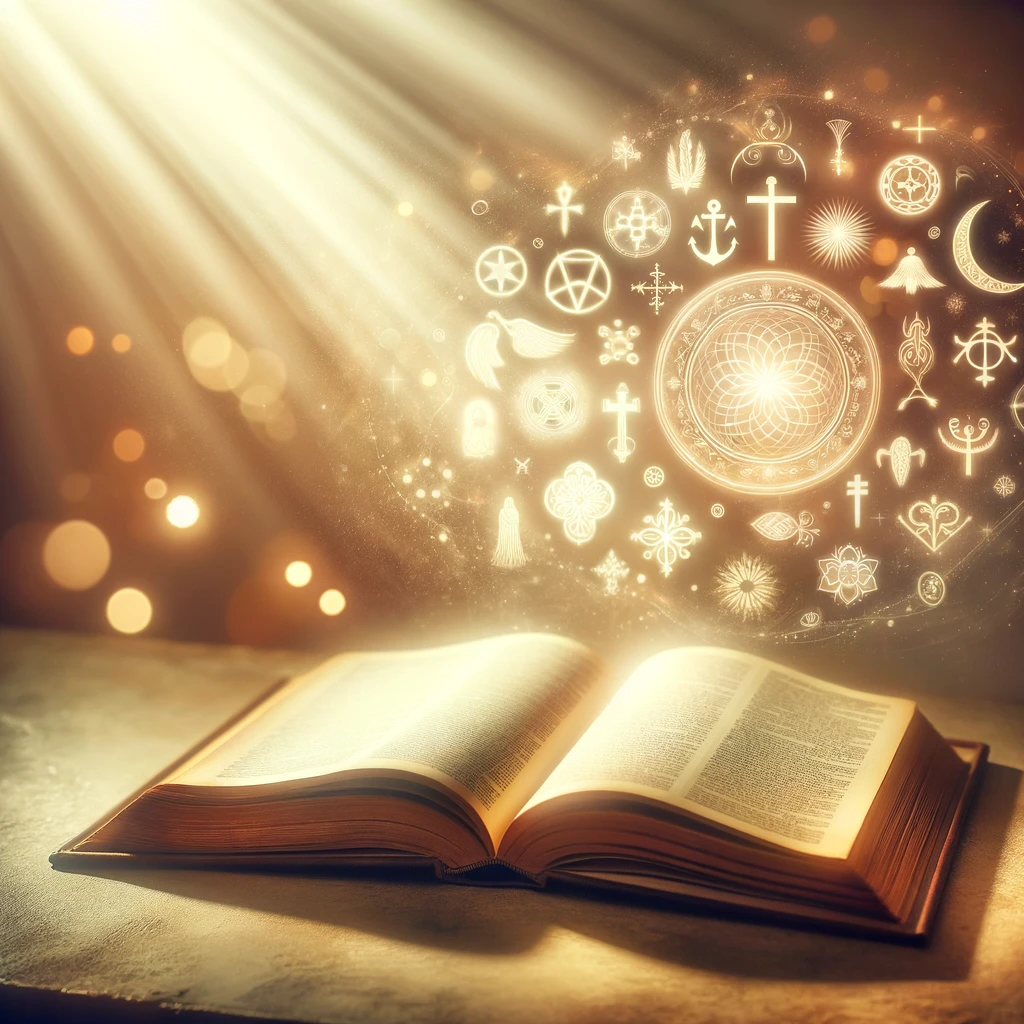  A serene scene with an open book lying on a table, bathed in soft, warm light. Around the book, ethereal light beams suggest a sense of spirituality