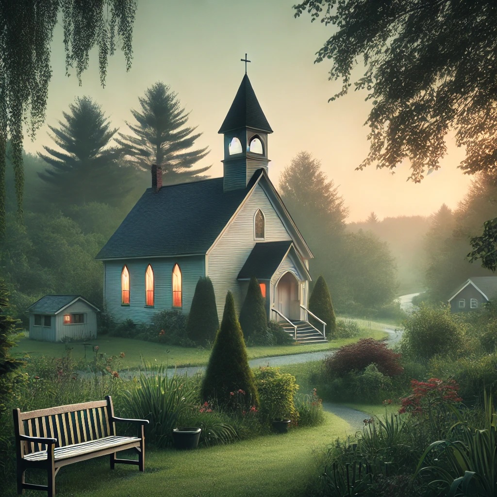 reflective pastoral setting of a small church building AI-generated. Reminds me a bit of Vanna United Methodist Church in Vanna, Georgia