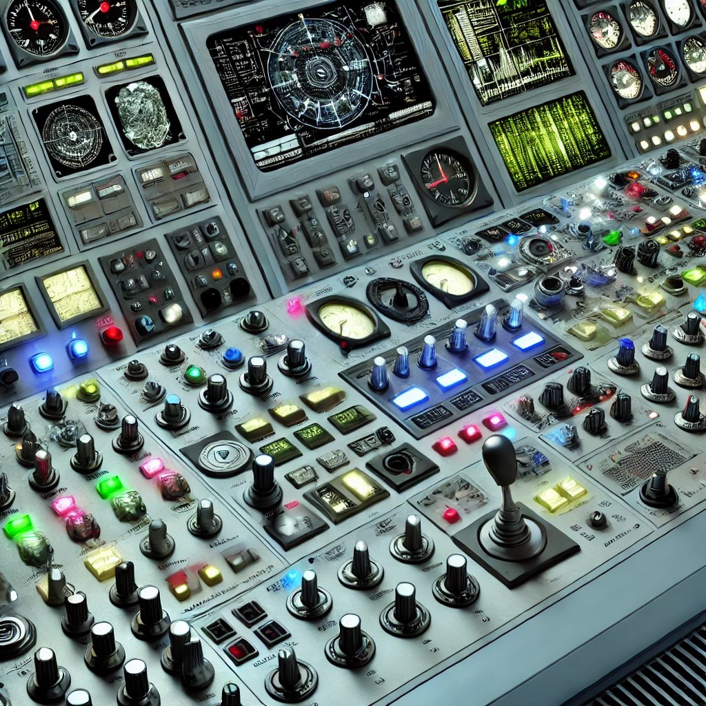 image of a complex control panel, filled with various buttons, switches, dials, and screens, reflecting a high-tech environment.