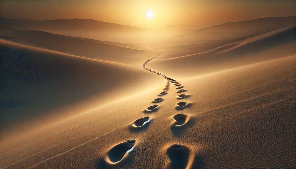 sun over the dunes of a desert with footprints heading into the distance
