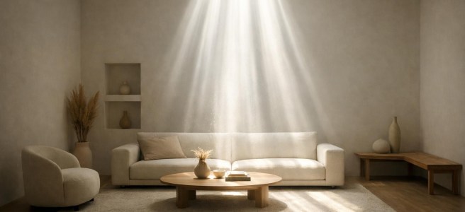 Minimalist living room with beige sofa, round wooden coffee table, armchair, and decorative vases, lit by skylight