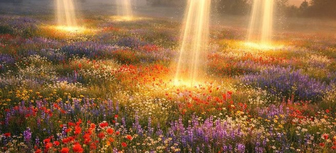 Wildflower meadow with red, purple, yellow, and white flowers illuminated by beams of golden sunlight