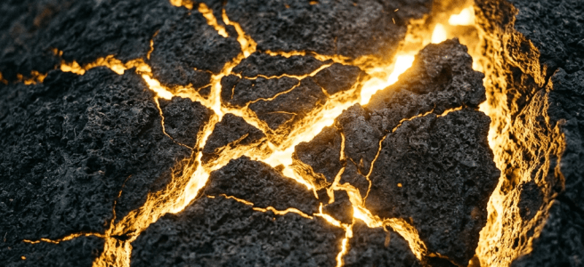 Glowing orange molten lava visible through cracks in dark volcanic rock
