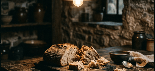 Loaf of crusty bread cut open with crumbs on a wooden table under warm hanging light