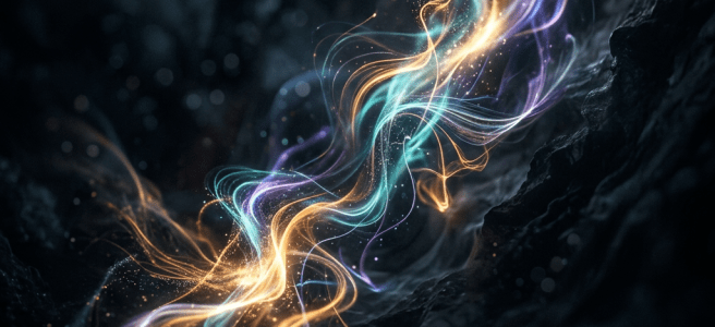 Multicolored luminous light waves flowing through a dark environment