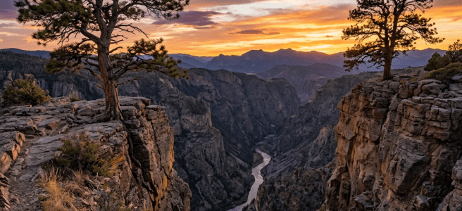 Sunset over a mountain canyon with a winding river and pine trees on rocky cliffs
