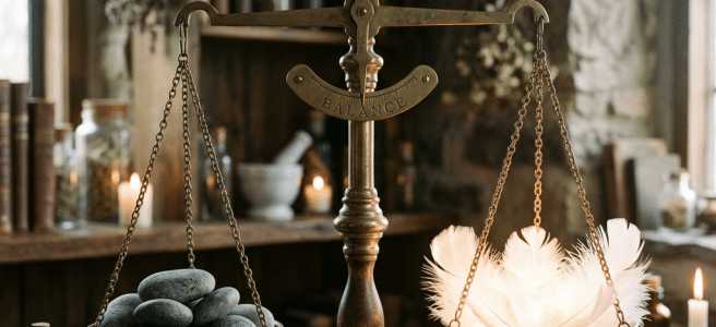 Antique brass balance scale holding smooth grey stones on one side and white feathers on the other