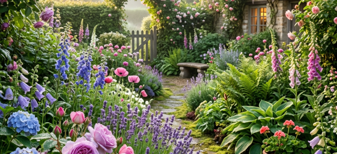 Stone pathway surrounded by various blooming flowers leads to an English cottage with ivy and a thatched roof