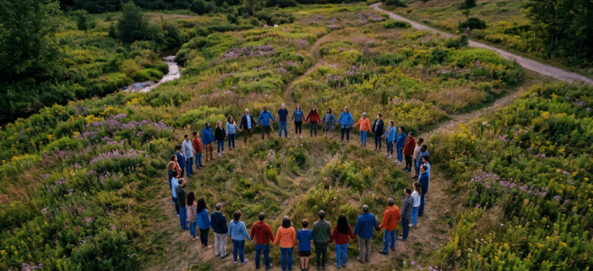 Group of people standing in a large circle holding hands in a wildflower field during sunset