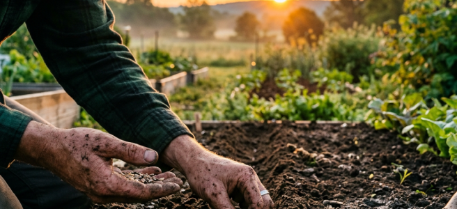Hands planting seeds in garden soil with a wooden marker labeled lettuce carrots