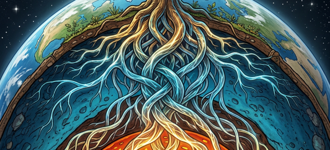 Tree with roots reaching into Earth's molten core under night sky with moon and stars