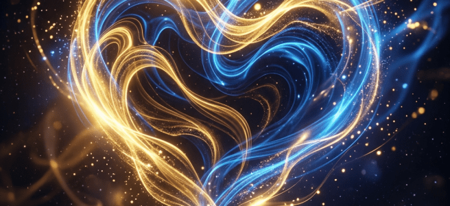 Swirling golden and blue light trails forming a glowing heart shape with sparkles.