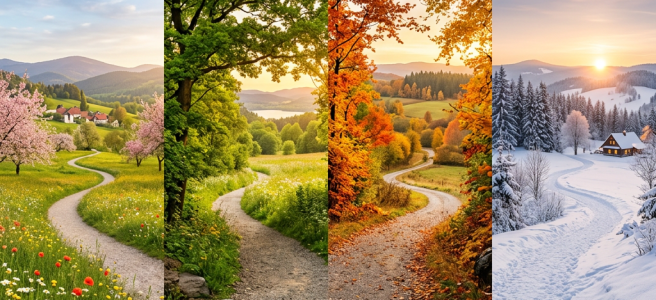 A winding path through countryside landscapes in four seasons: spring with blooming flowers, summer with lush green trees, autumn with colorful fall foliage, and winter with snow-covered ground and trees.