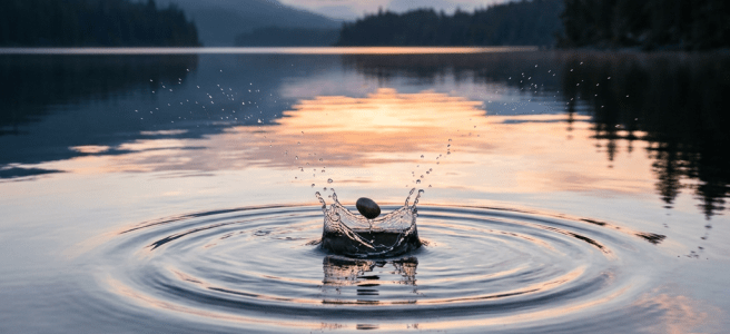 Stone splashing into a calm lake with mountains and trees at sunset
