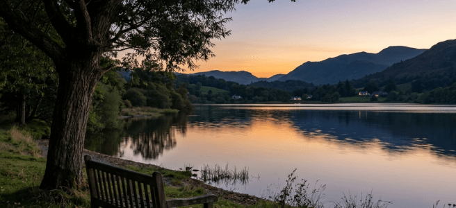 Wooden bench under a tree beside a calm lake at sunset reflecting silhouettes of mountains