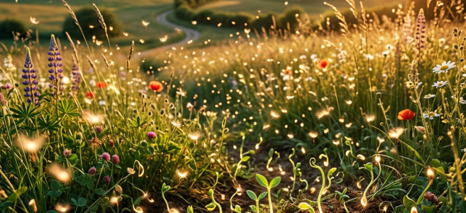 Glowing seedlings emerging from soil in a wildflower meadow during sunset